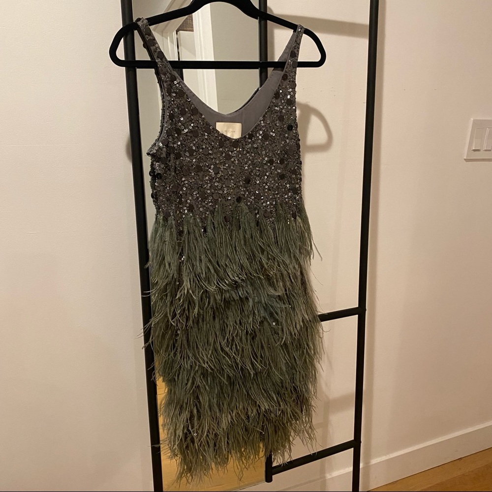 NWT Elijah ostrich feather sequined mini gown